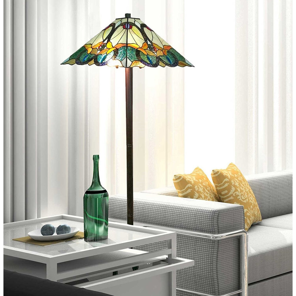 Espresso Two Light Torchiere Floor Lamp With Blue Flowers Glass Cone Shade By Homeroots | Floor Lamps | Modishstore - 5