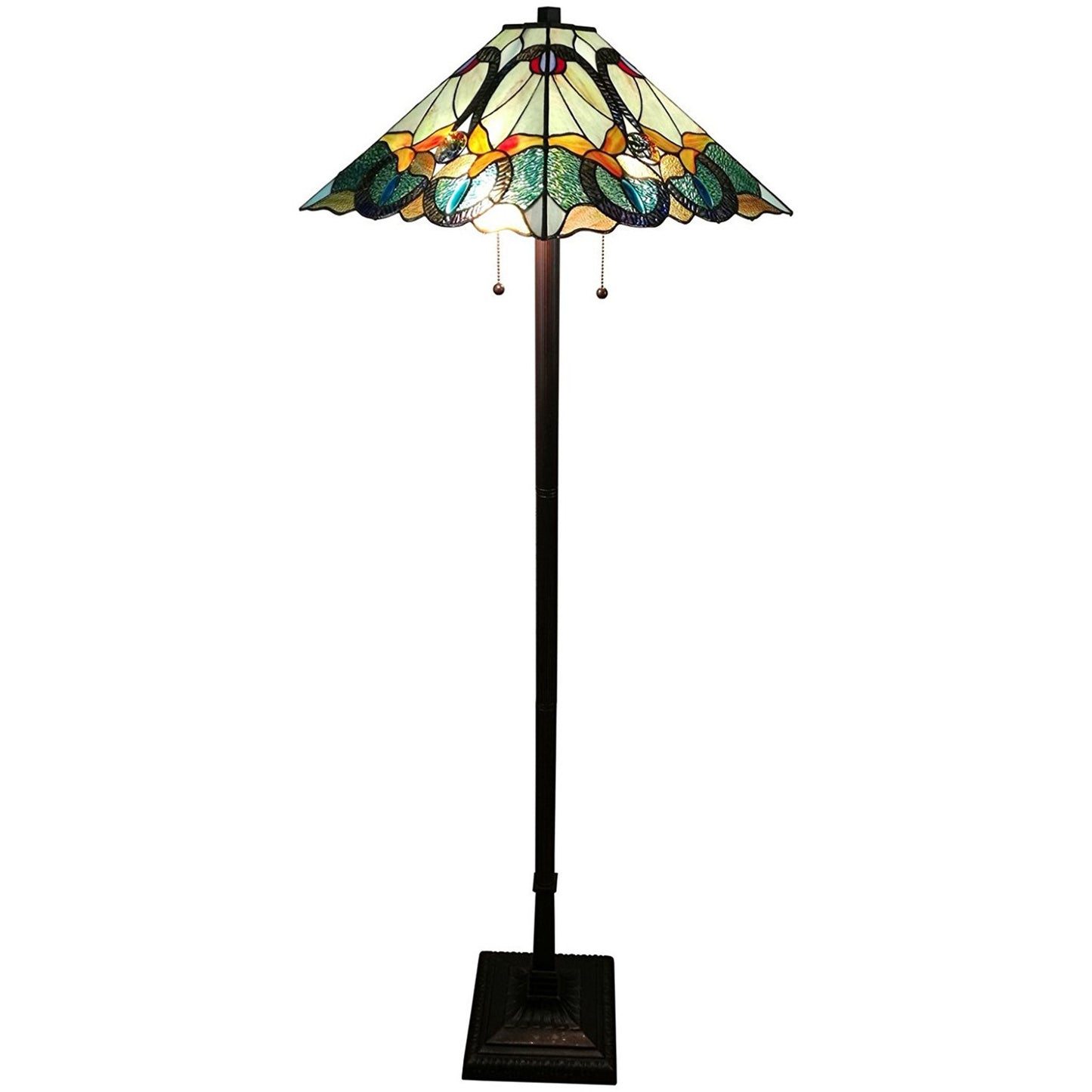 Espresso Two Light Torchiere Floor Lamp With Blue Flowers Glass Cone Shade By Homeroots | Floor Lamps | Modishstore - 1