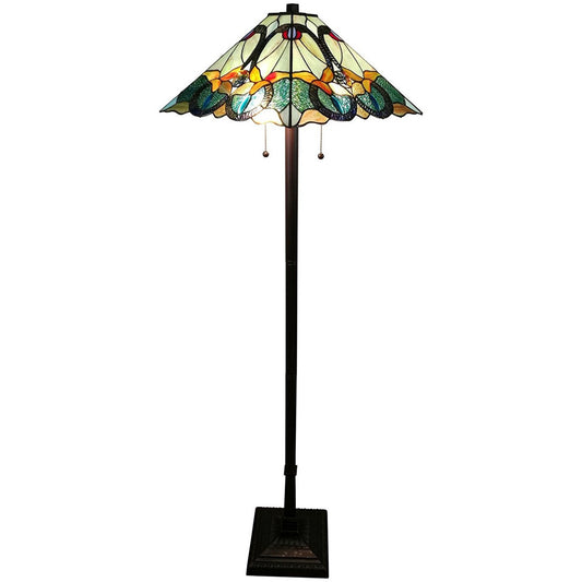 Espresso Two Light Torchiere Floor Lamp With Blue Flowers Glass Cone Shade By Homeroots | Floor Lamps | Modishstore - 1