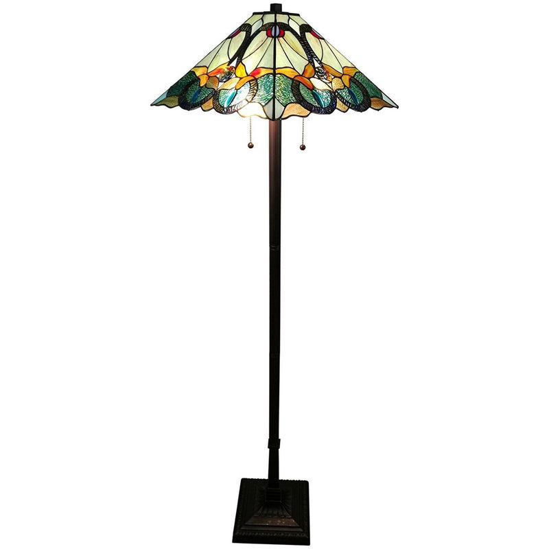 Espresso Two Light Torchiere Floor Lamp With Blue Flowers Glass Cone Shade By Homeroots | Floor Lamps | Modishstore - 1