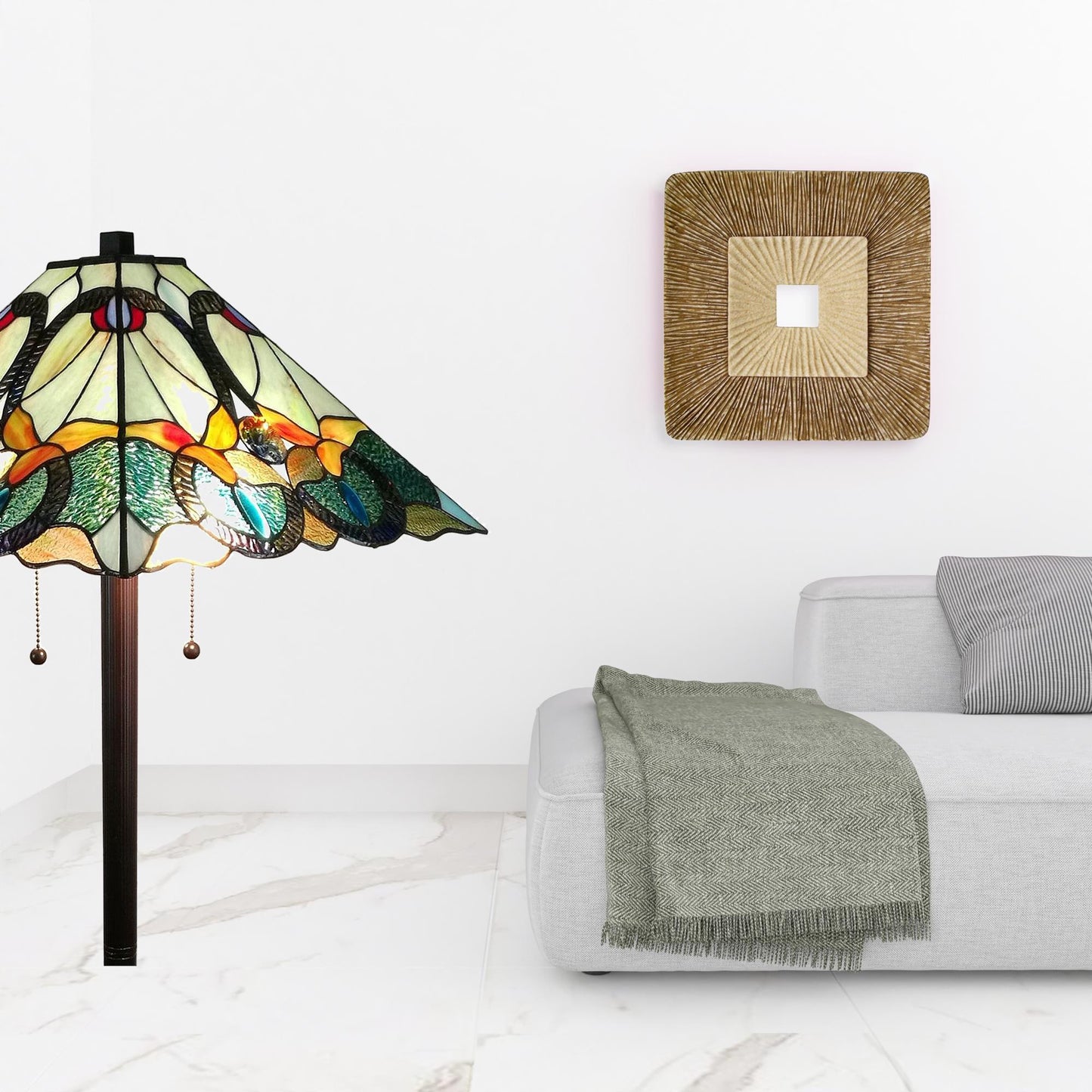 Espresso Two Light Torchiere Floor Lamp With Blue Flowers Glass Cone Shade By Homeroots | Floor Lamps | Modishstore - 4