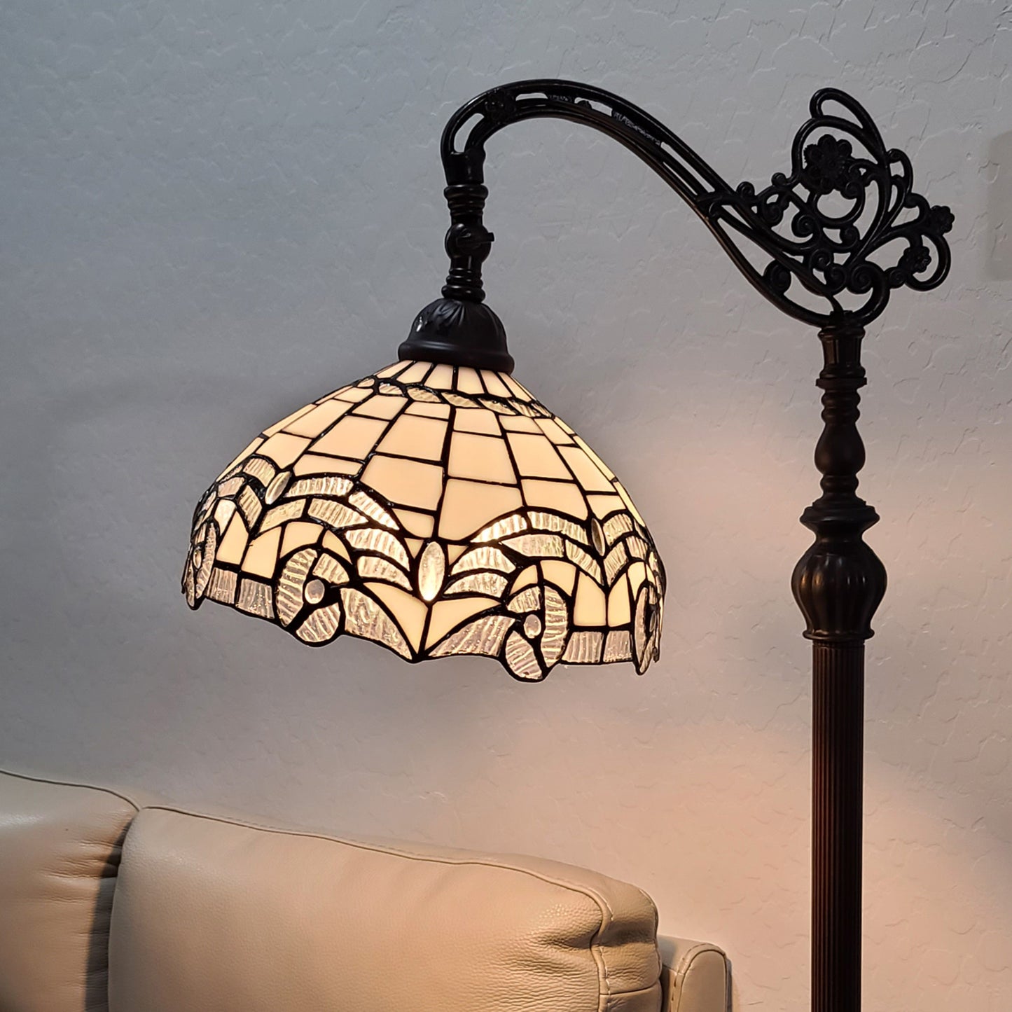 Brown Metal Arched Floor Lamp With White Geometric Stained Glass Shade By Homeroots | Floor Lamps | Modishstore - 5