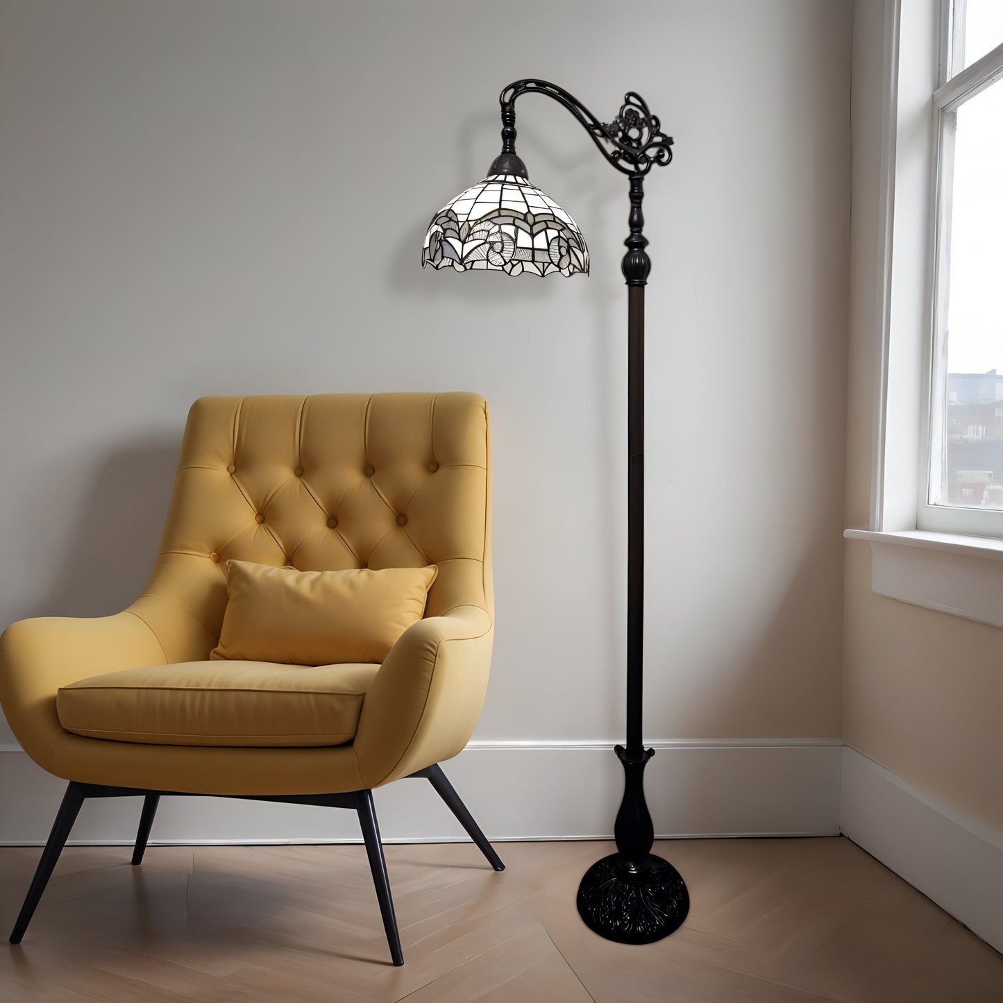 Brown Metal Arched Floor Lamp With White Geometric Stained Glass Shade By Homeroots | Floor Lamps | Modishstore - 1