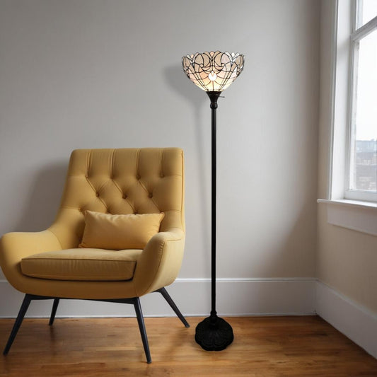 Brown Torchiere Floor Lamp With White Tiffany Style Glass Dome Shade By Homeroots | Floor Lamps | Modishstore - 1