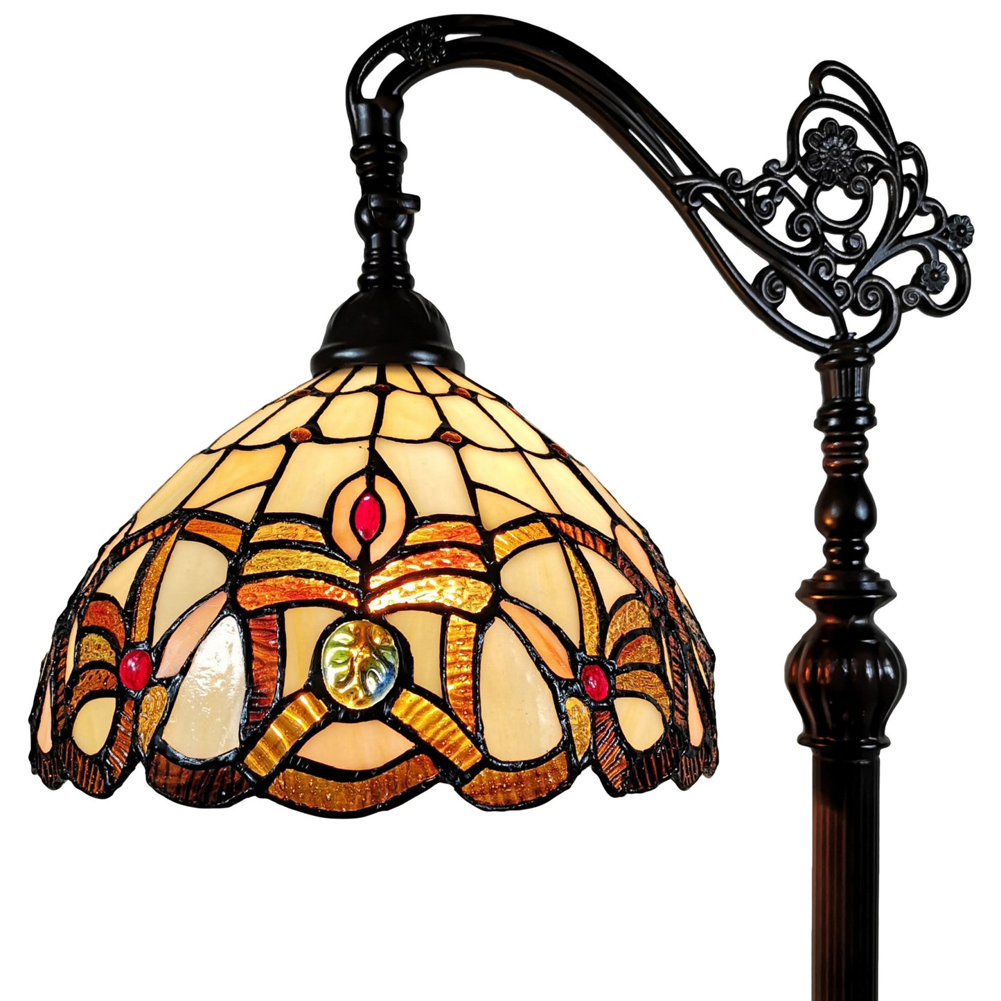Brown Metal Arched Floor Lamp With Amber and Red Flowers Stained Glass Shade By Homeroots | Floor Lamps | Modishstore - 6
