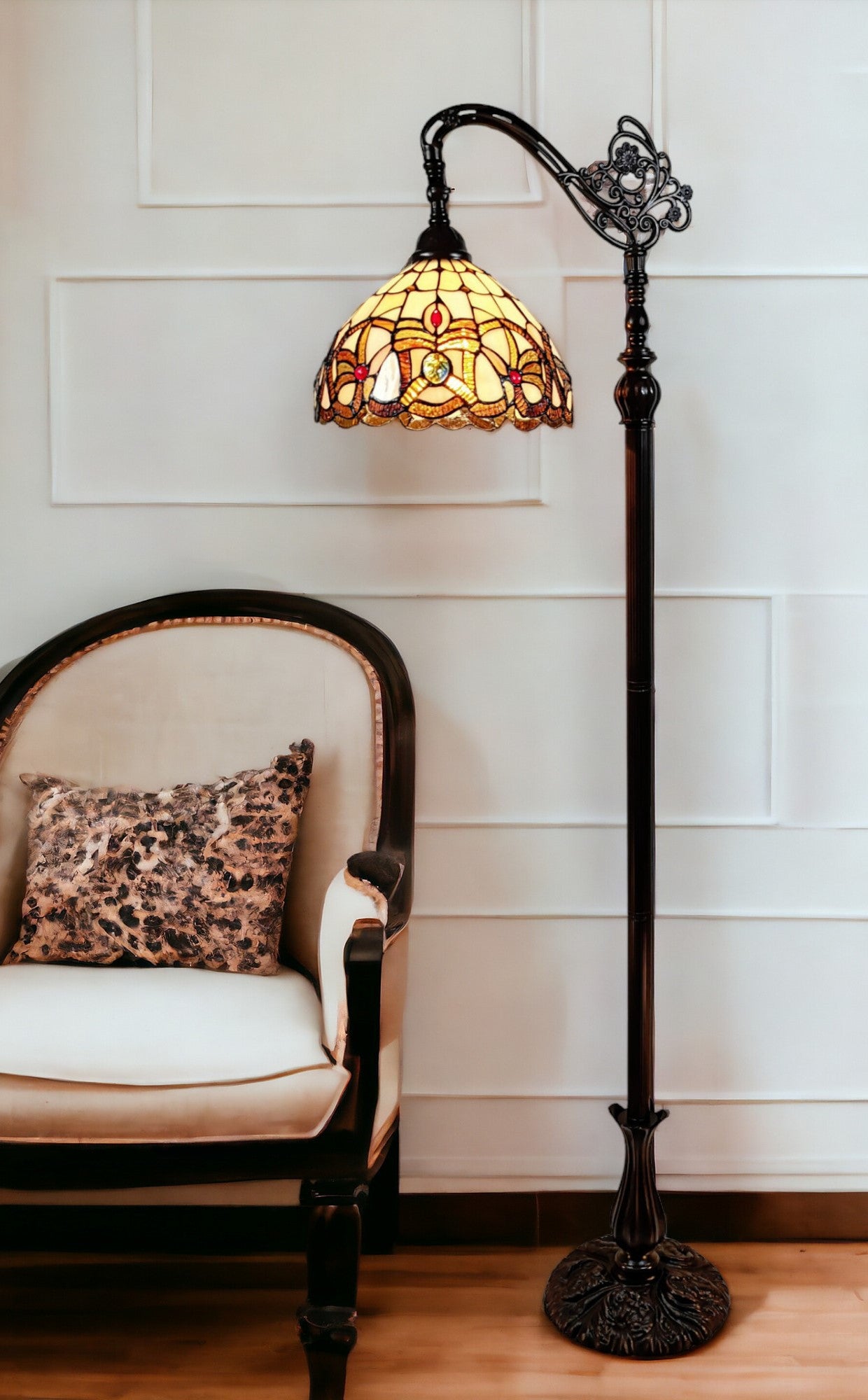 Brown Metal Arched Floor Lamp With Amber and Red Flowers Stained Glass Shade By Homeroots | Floor Lamps | Modishstore - 1