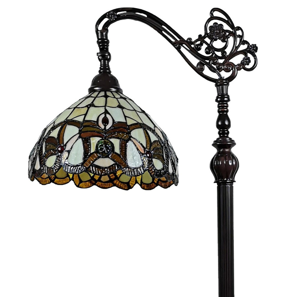 Brown Metal Arched Floor Lamp With Amber and Red Flowers Stained Glass Shade By Homeroots | Floor Lamps | Modishstore - 7