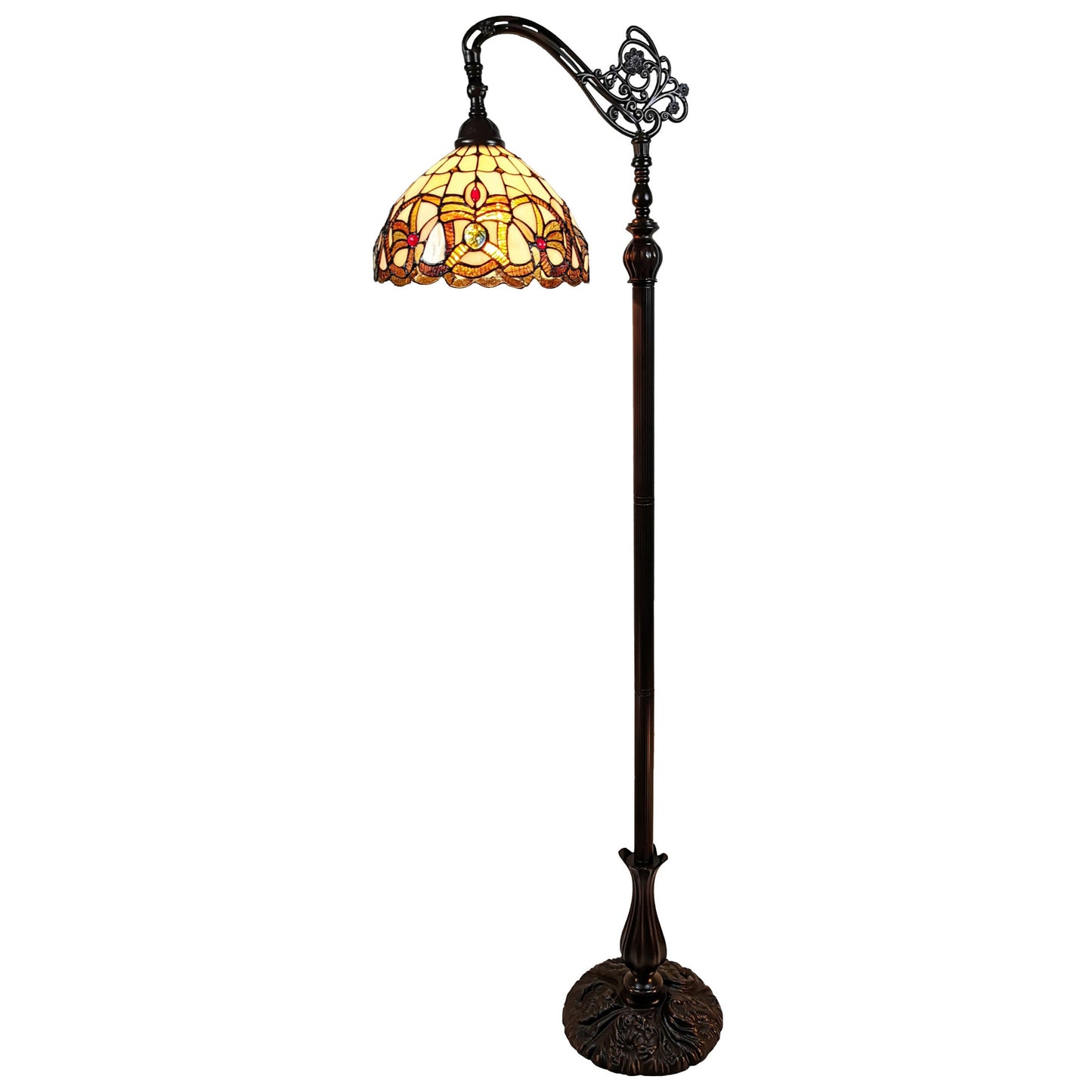 Brown Metal Arched Floor Lamp With Amber and Red Flowers Stained Glass Shade By Homeroots | Floor Lamps | Modishstore - 2