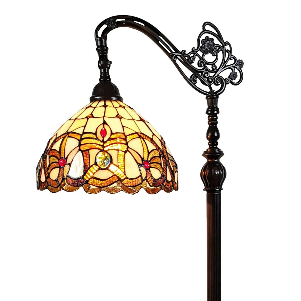 Brown Metal Arched Floor Lamp With Amber and Red Flowers Stained Glass Shade By Homeroots | Floor Lamps | Modishstore - 8