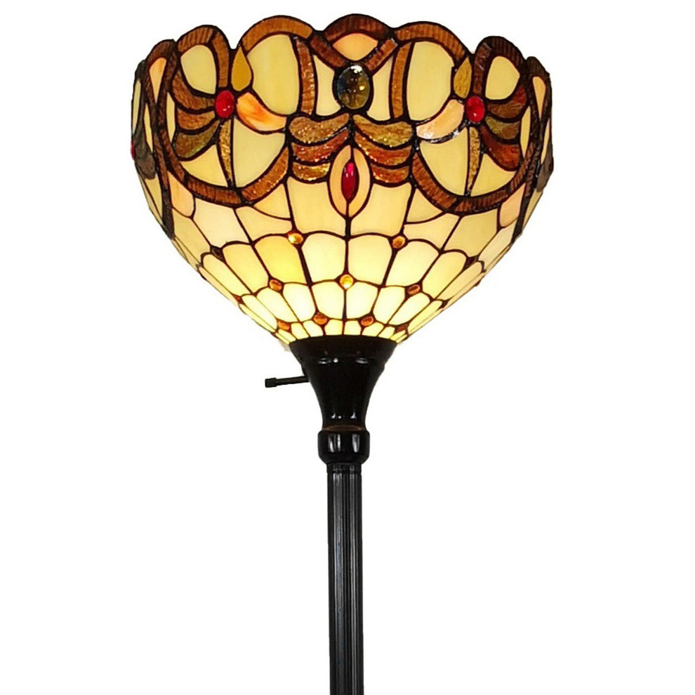Beige Torchiere Floor Lamp With Red And White Flowers Glass Dome Shade By Homeroots | Floor Lamps | Modishstore - 5