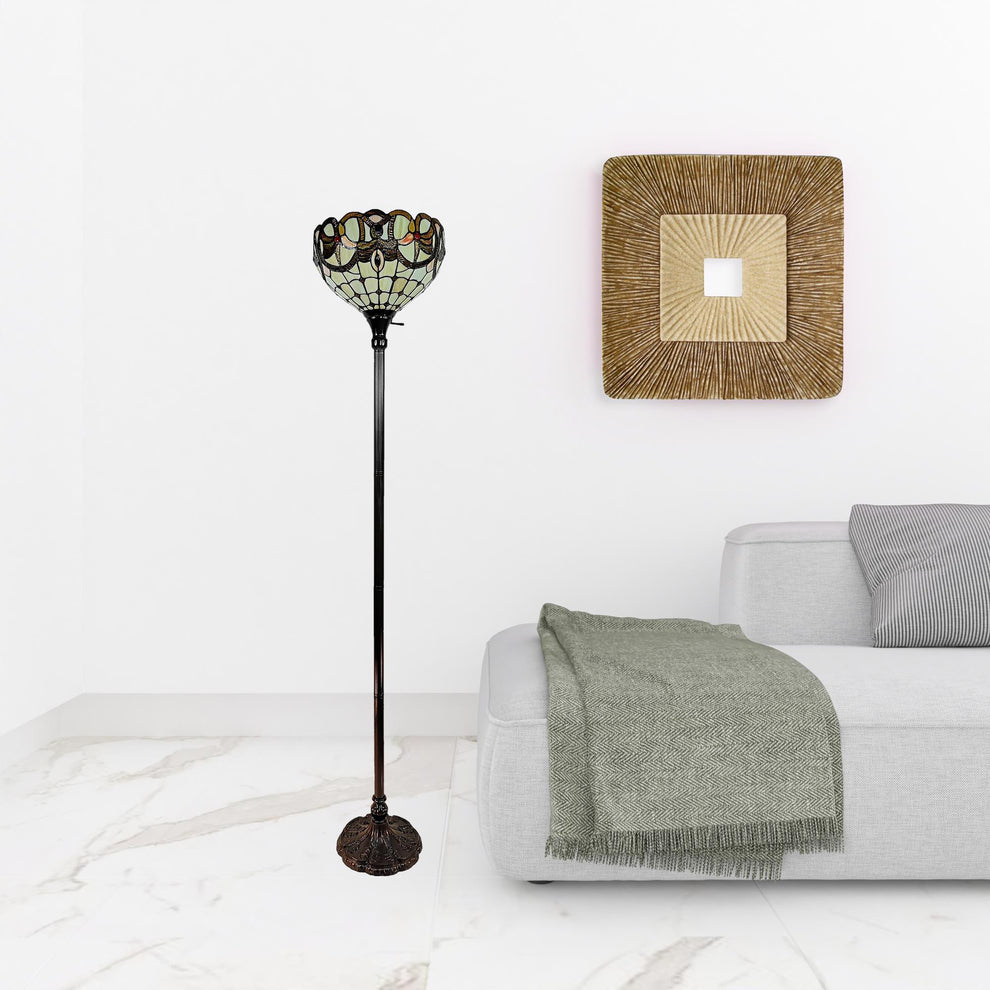 Beige Torchiere Floor Lamp With Red And White Flowers Glass Dome Shade By Homeroots | Floor Lamps | Modishstore - 4