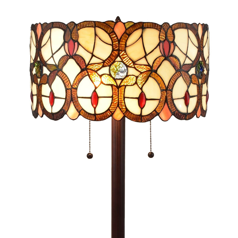 Beige Metal Two Light Torchiere Floor Lamp With Red And White Flowers Glass Drum Shade By Homeroots | Floor Lamps | Modishstore - 3