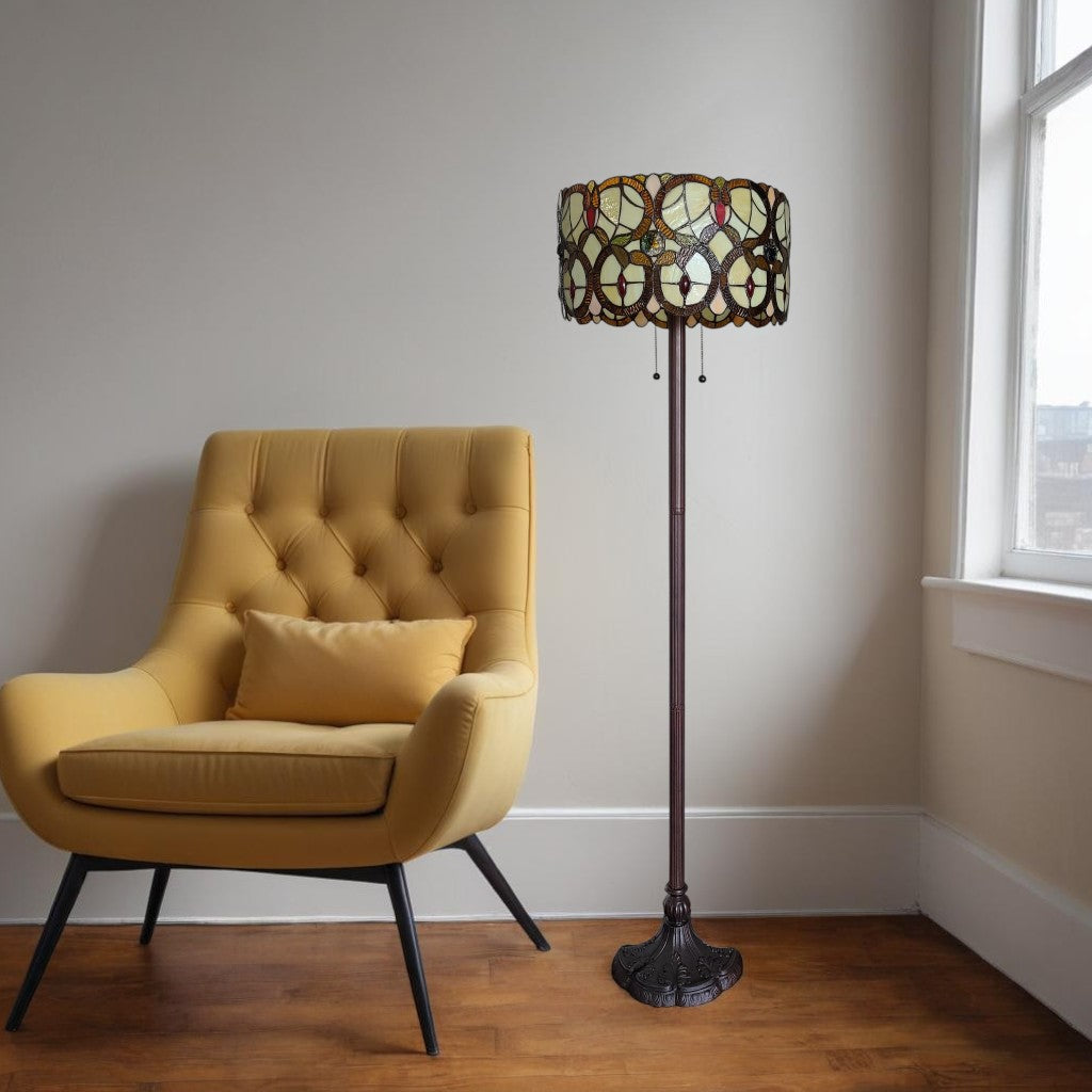 Beige Metal Two Light Torchiere Floor Lamp With Red And White Flowers Glass Drum Shade By Homeroots | Floor Lamps | Modishstore - 1