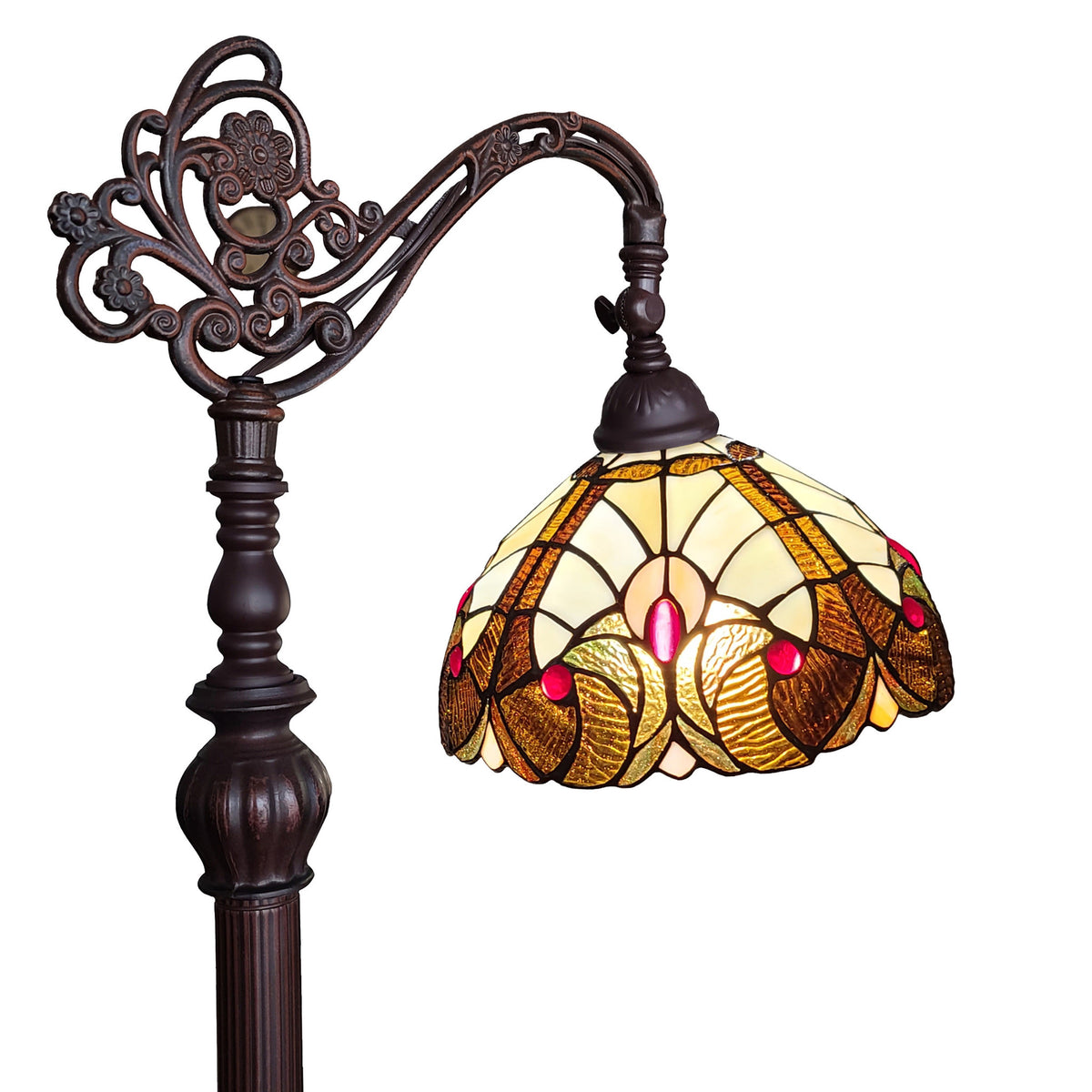 Beige Torchiere Floor Lamp With Brown And White Flowers Glass Dome Shade By Homeroots | Floor Lamps | Modishstore - 4