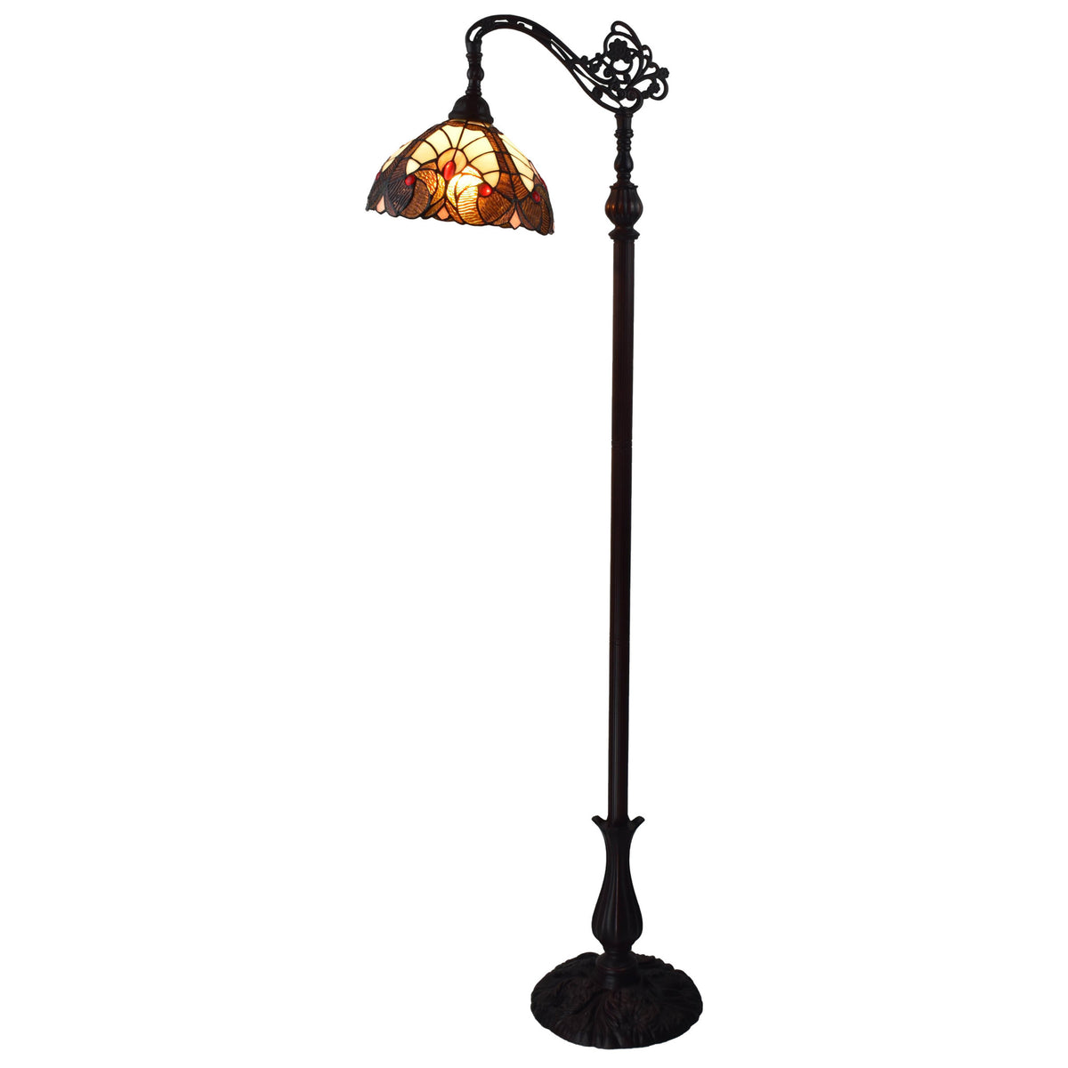 Beige Torchiere Floor Lamp With Brown And White Flowers Glass Dome Shade By Homeroots | Floor Lamps | Modishstore - 1