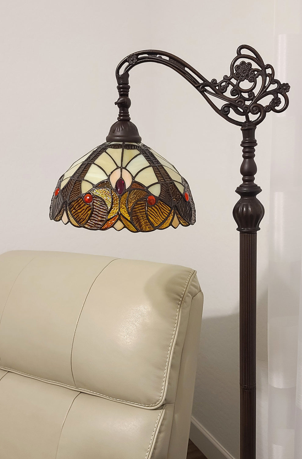 Beige Torchiere Floor Lamp With Brown And White Flowers Glass Dome Shade By Homeroots | Floor Lamps | Modishstore - 6