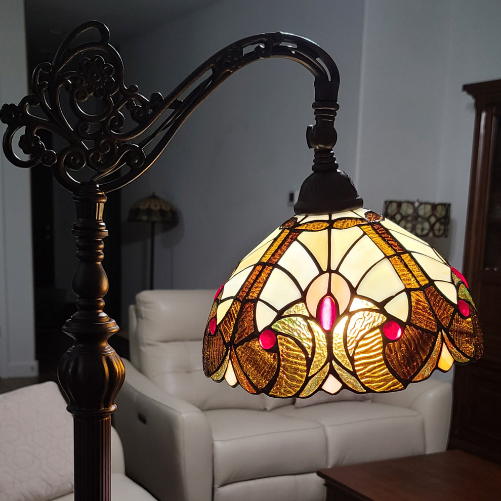 Beige Torchiere Floor Lamp With Brown And White Flowers Glass Dome Shade By Homeroots | Floor Lamps | Modishstore - 8