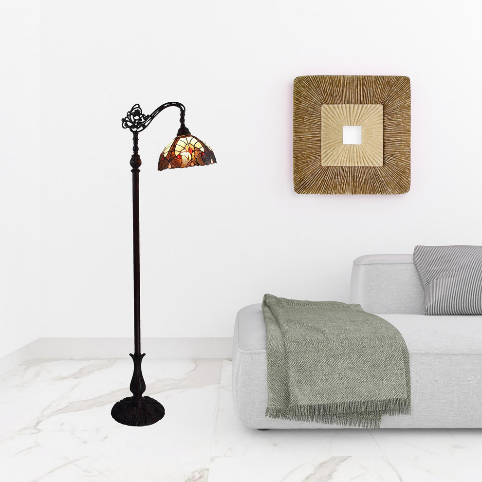Beige Torchiere Floor Lamp With Brown And White Flowers Glass Dome Shade By Homeroots | Floor Lamps | Modishstore - 2