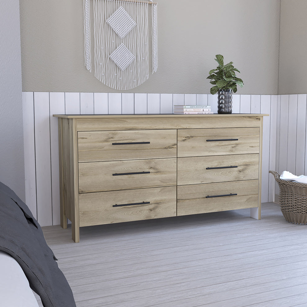 Natural and Black Six Drawer Double Dresser By Homeroots | Dressers | Modishstore - 5