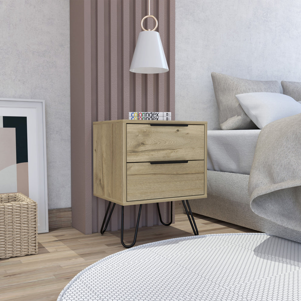 Oak Two Drawer Faux Wood Nightstand By Homeroots | Nightstands | Modishstore - 7