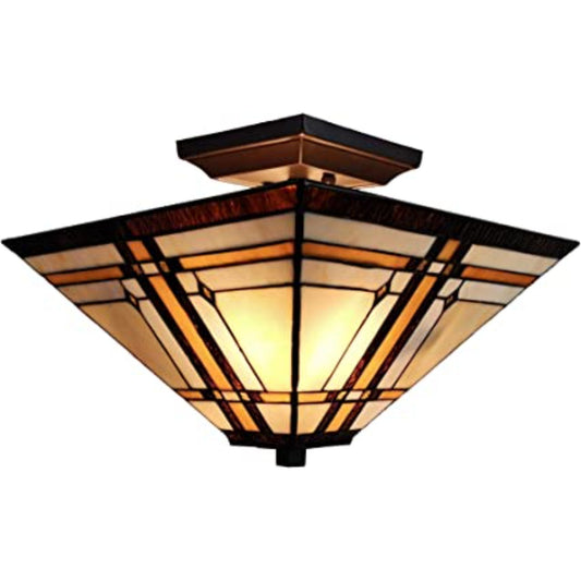 Brown and Amber Tiffany Style Mission Semi Flush Dimmable Ceiling Light By Homeroots | Chandeliers | Modishstore - 1