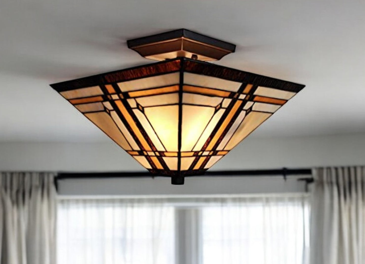 Brown and Amber Tiffany Style Mission Semi Flush Dimmable Ceiling Light By Homeroots | Chandeliers | Modishstore - 2