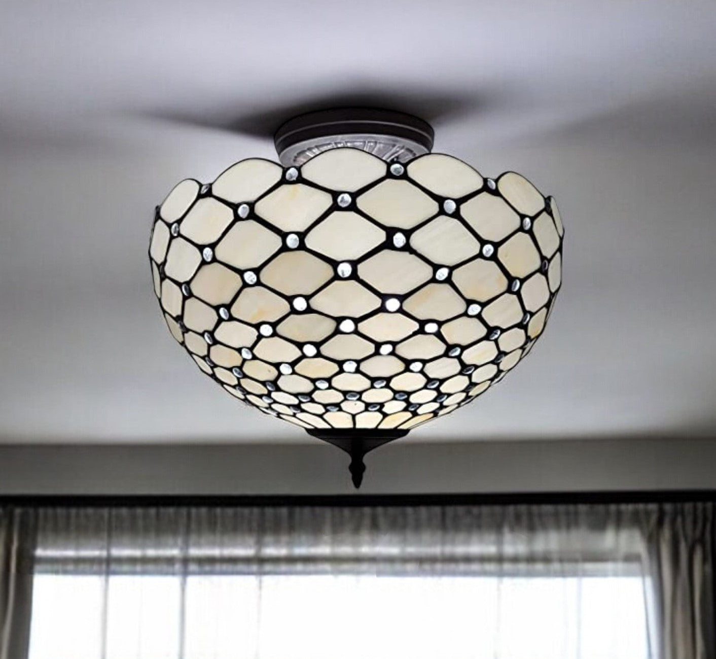 Black and White Tiffany Style Two Light Semi Flush Ceiling Lamp By Homeroots | Chandeliers | Modishstore - 2