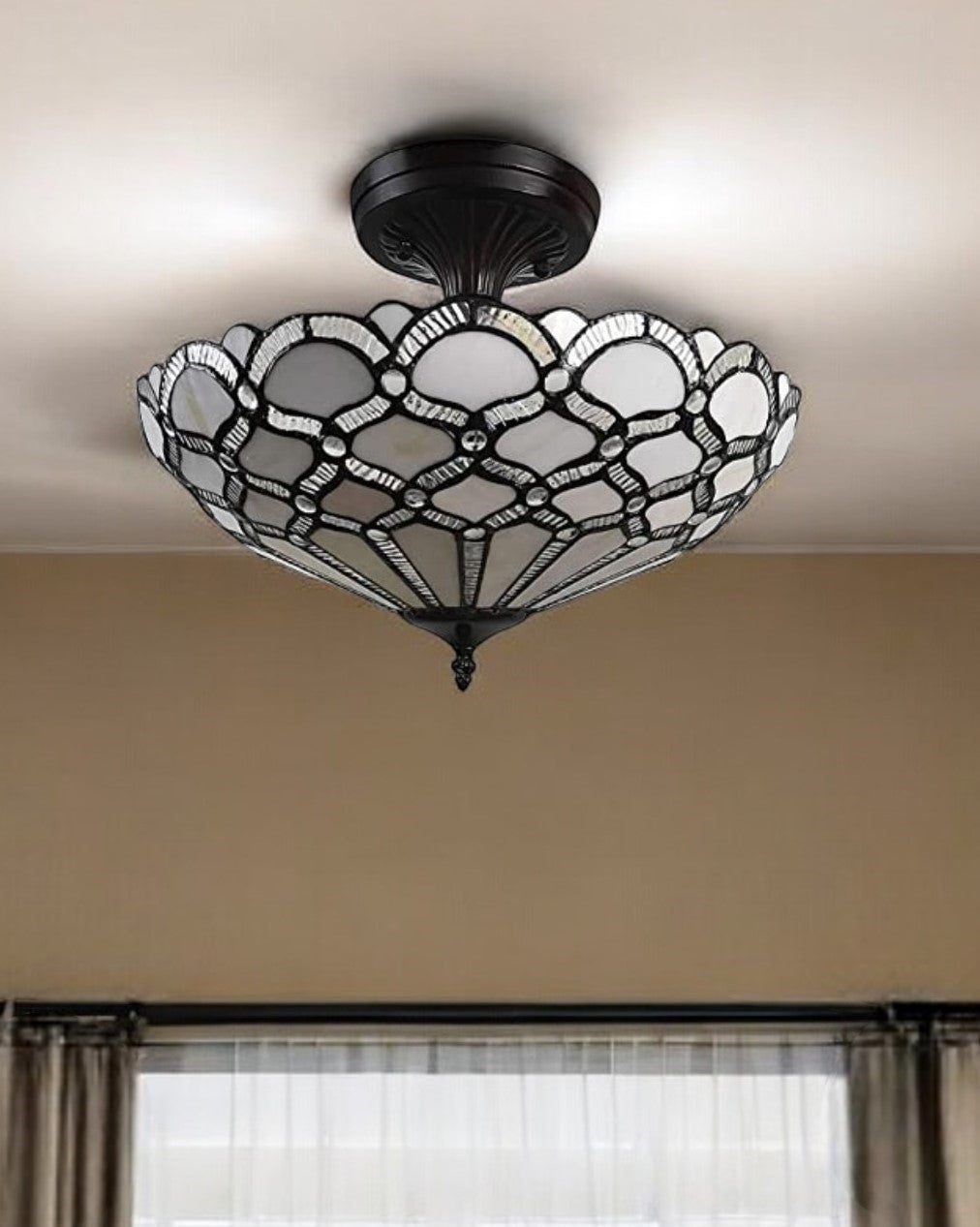 Black and Gray Two Light Tiffany Style Semi Flush Dimmable Ceiling LIght By Homeroots | Chandeliers | Modishstore - 1