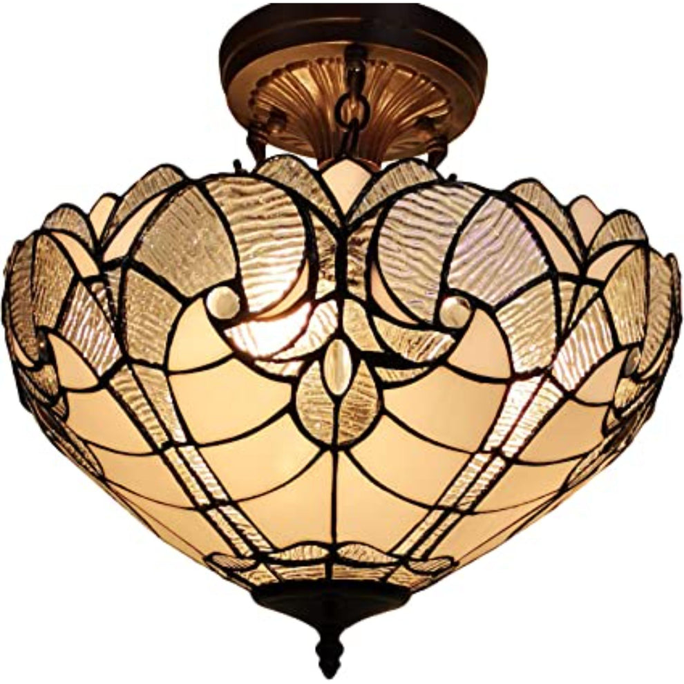 Yellow and Brown Two Light Tiffany Style Semi Flush Dimmable Ceiling Light By Homeroots | Chandeliers | Modishstore - 3