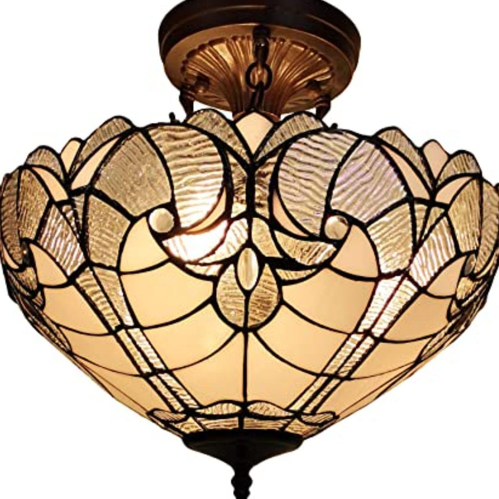 Yellow and Brown Two Light Tiffany Style Semi Flush Dimmable Ceiling Light By Homeroots | Chandeliers | Modishstore - 4