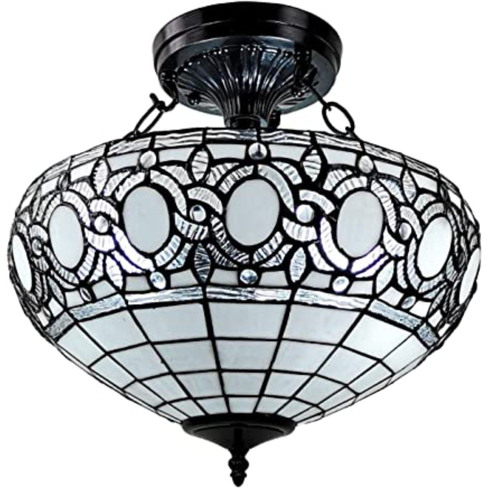 Blue and Black Tiffany Style Two Light Glass Dimmable Semi Flush Ceiling Light By Homeroots | Chandeliers | Modishstore - 2