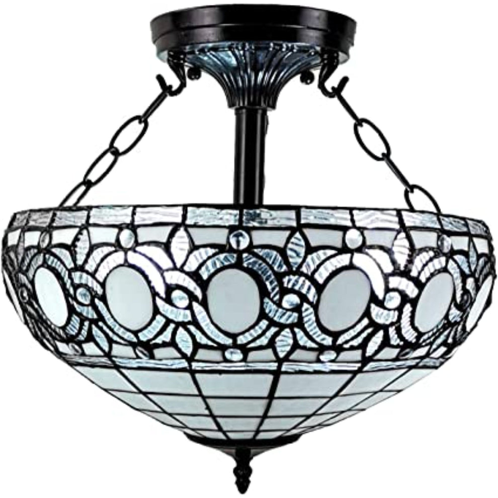 Blue and Black Tiffany Style Two Light Glass Dimmable Semi Flush Ceiling Light By Homeroots | Chandeliers | Modishstore - 3