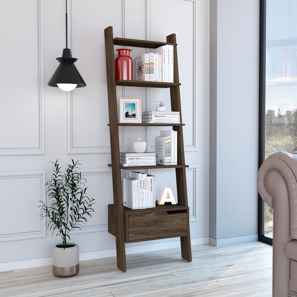 Brown Five Tier Ladder Bookcase with A Drawer By Homeroots | Bookcases | Modishstore - 4