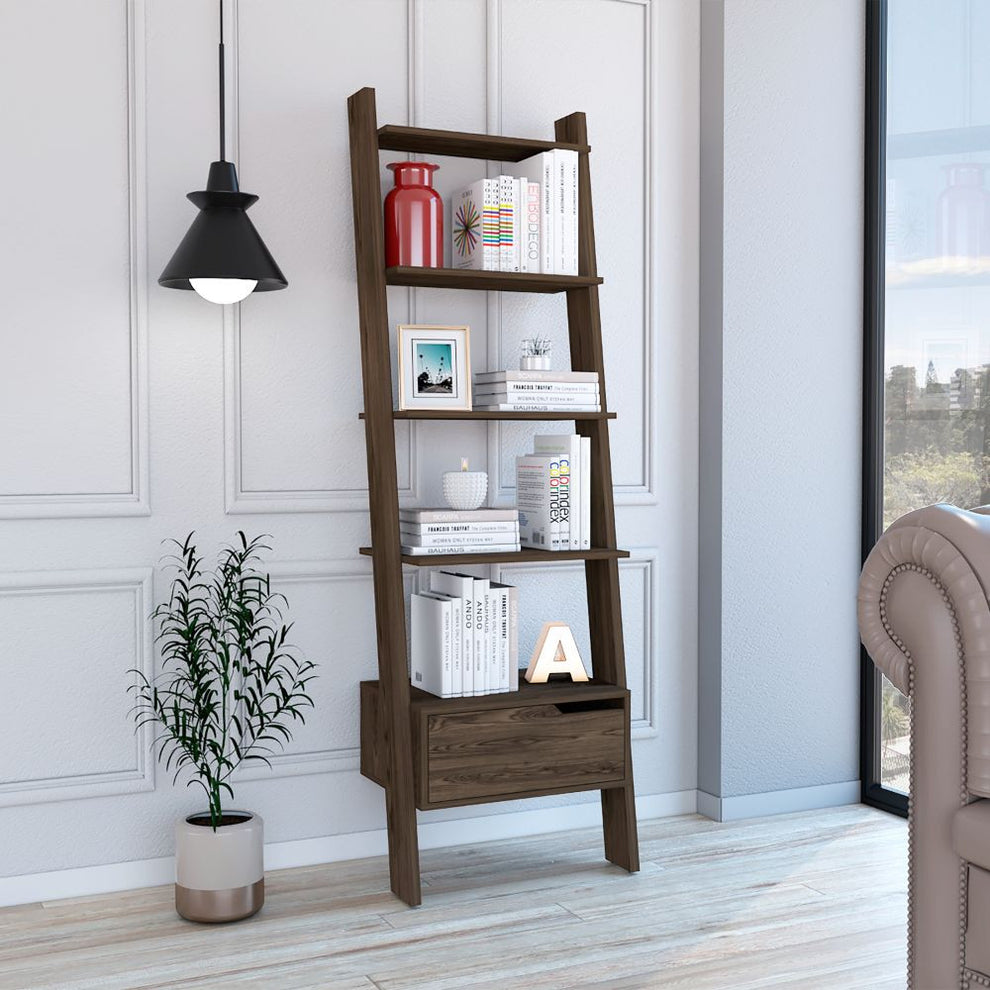 Brown Five Tier Ladder Bookcase with A Drawer By Homeroots | Bookcases | Modishstore - 4