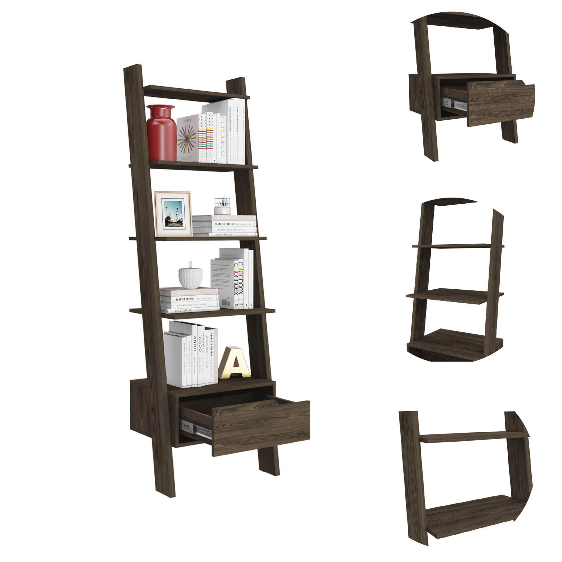 Brown Five Tier Ladder Bookcase with A Drawer By Homeroots | Bookcases | Modishstore - 3