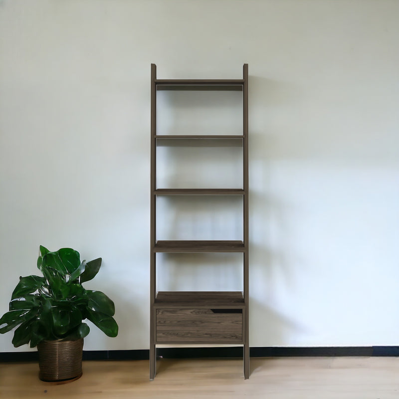Brown Five Tier Ladder Bookcase with A Drawer By Homeroots | Bookcases | Modishstore - 1