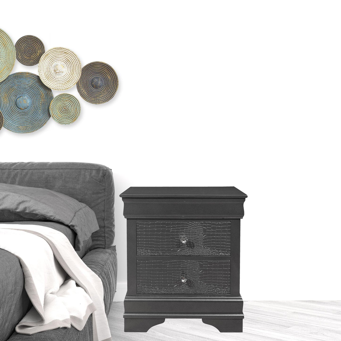 Gray Shagreen Two Drawer Solid Wood Nightstand By Homeroots | Nightstands | Modishstore - 1