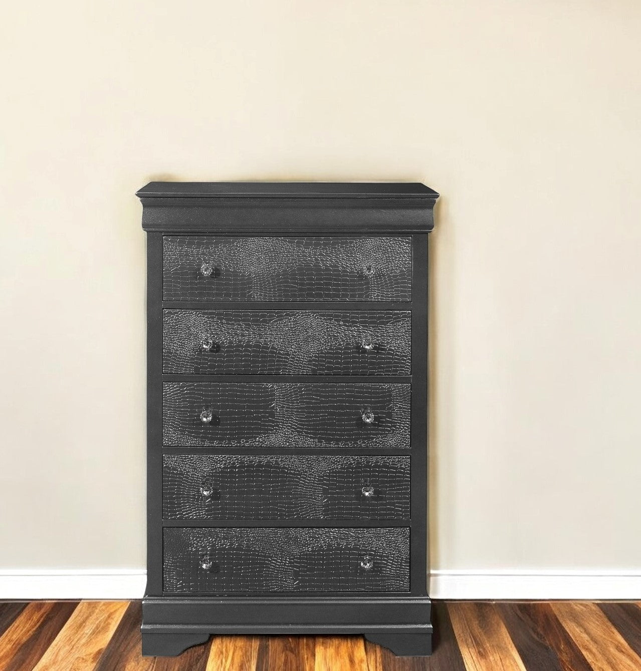 Metallic Grey Solid Wood Five Drawer Chest By Homeroots | Dressers | Modishstore - 1