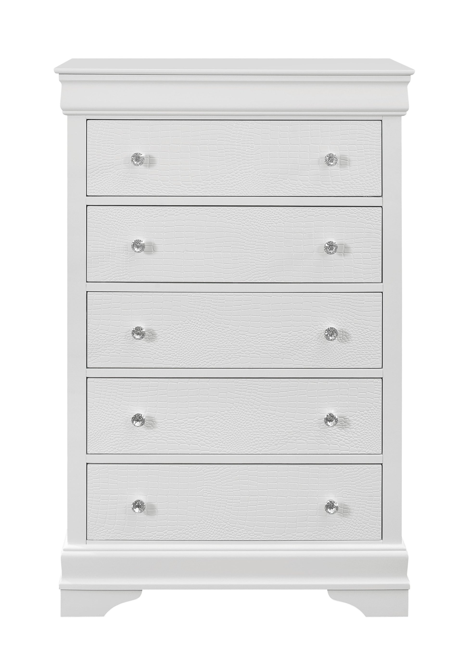 Metallic White Solid Wood Five Drawer Chest By Homeroots | Dressers | Modishstore - 2