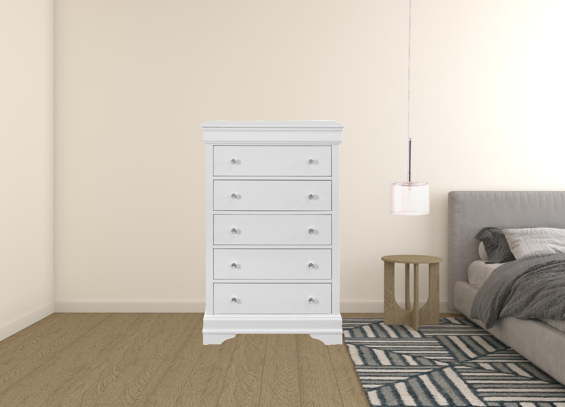 Metallic White Solid Wood Five Drawer Chest By Homeroots | Dressers | Modishstore - 1