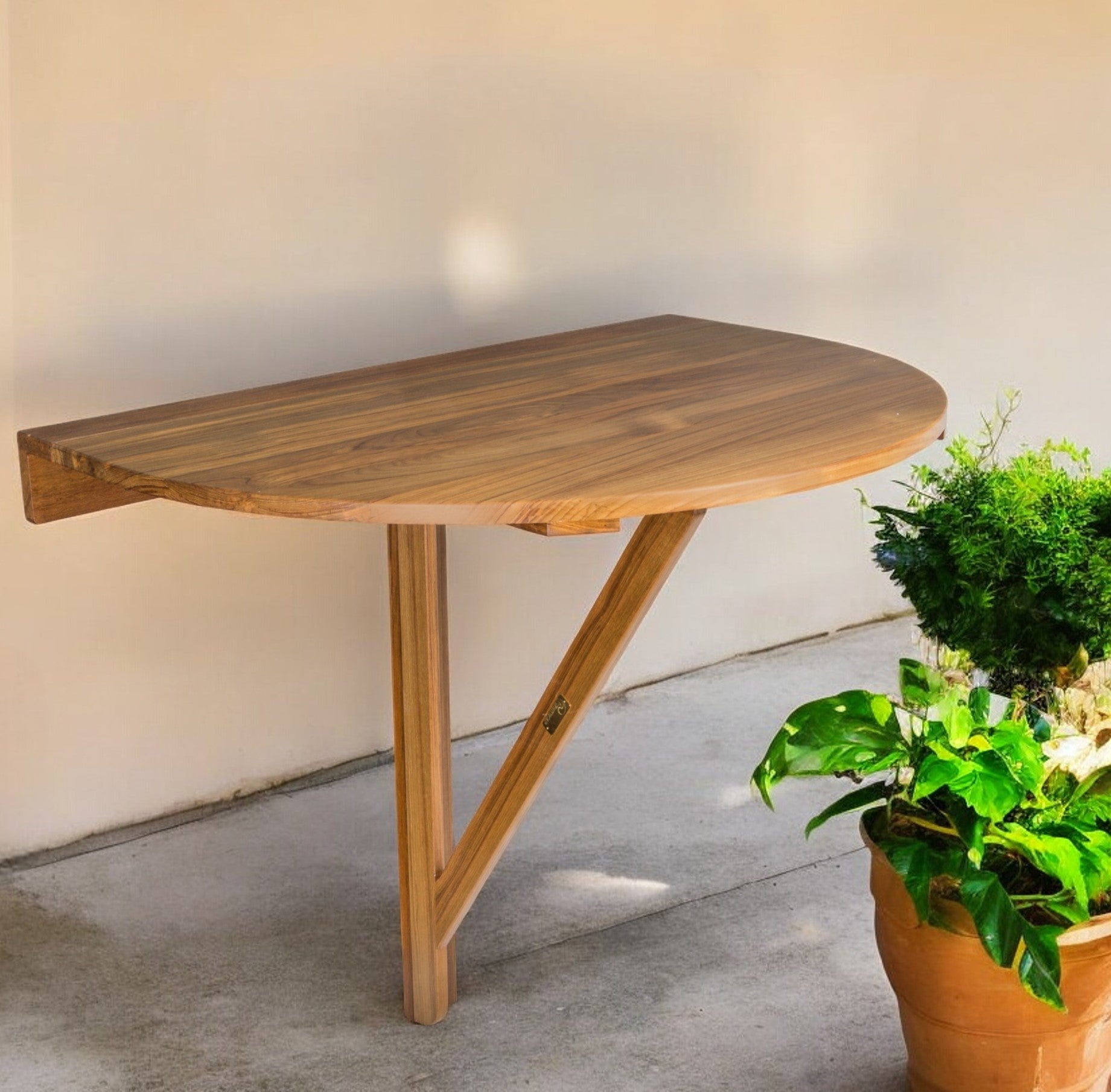 Brown Half Round Solid Wood Folding Outdoor Balcony Table By Homeroots | Outdoor Tables | Modishstore - 1