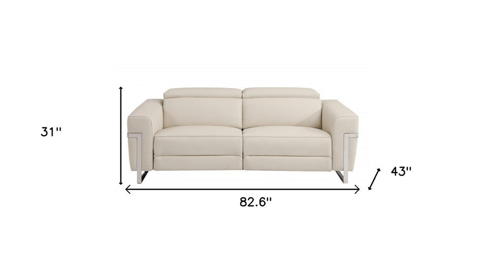 Beige Italian Leather USB Reclining Sofa With Silver Legs By Homeroots | Sofas | Modishstore - 6