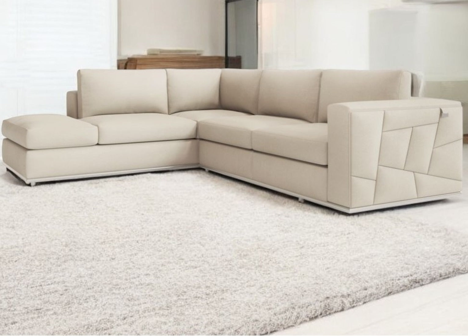 Beige Italian Leather Reclining L Shaped Two Piece Corner Sectional By Homeroots | Outdoor Sofas, Loveseats & Sectionals | Modishstore - 2