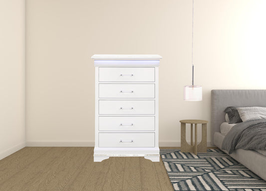 White Solid Wood Five Drawer Chest with LED Lighting By Homeroots | Dressers | Modishstore - 1