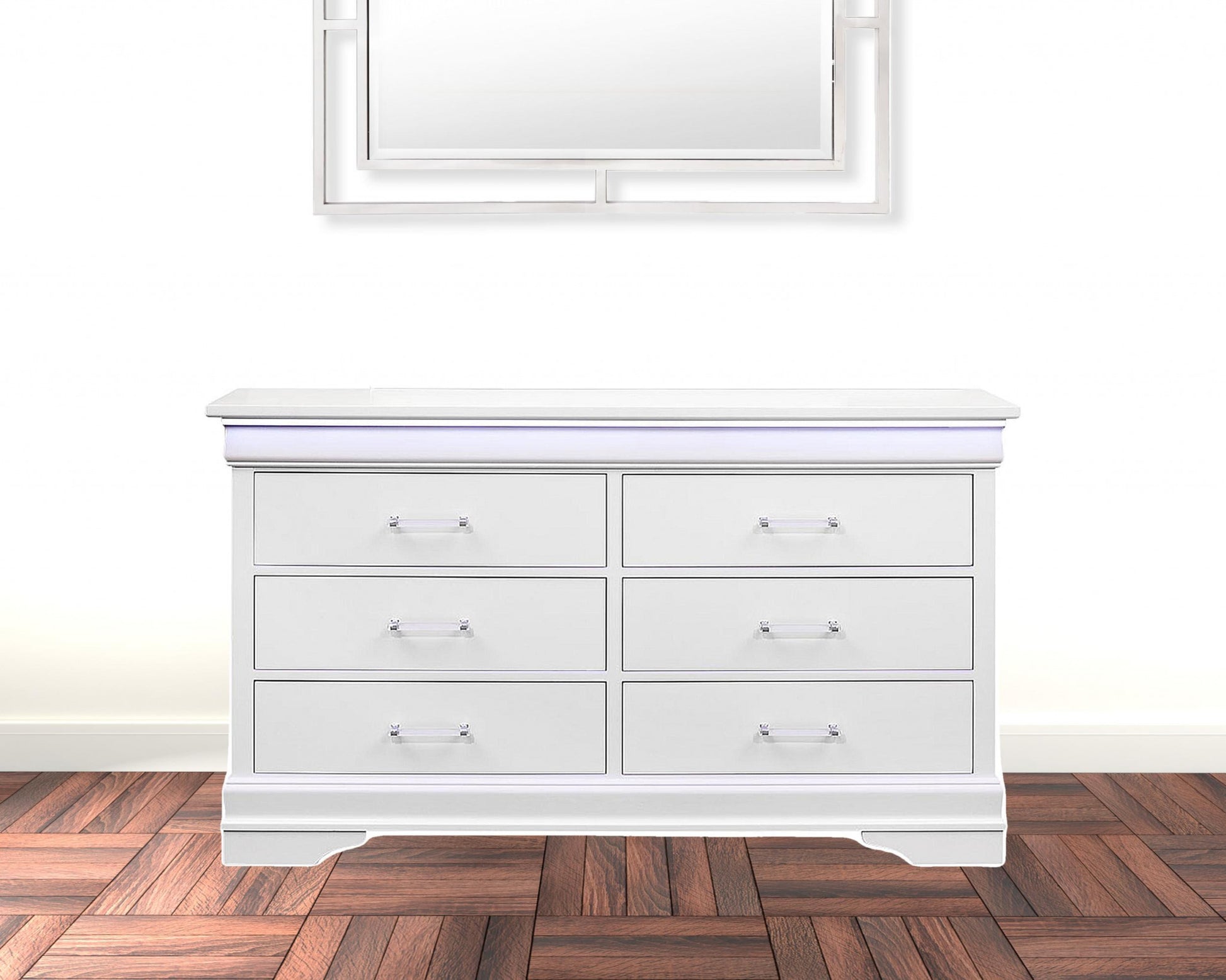 White Solid Wood Six Drawer Double Dresser with LED By Homeroots | Dressers | Modishstore - 4