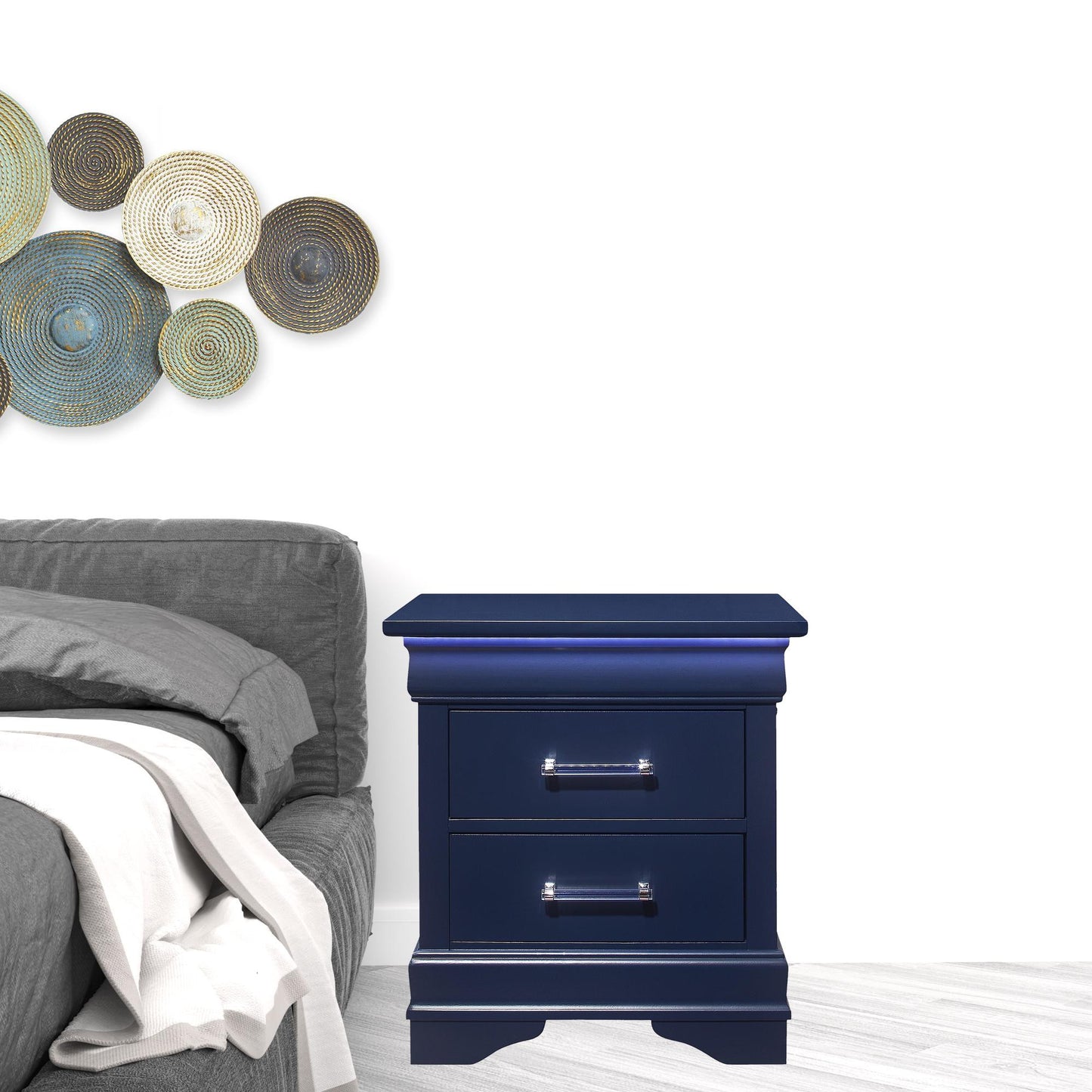 Blue Two Drawer Solid Wood Lighted Nightstand By Homeroots | Nightstands | Modishstore - 1