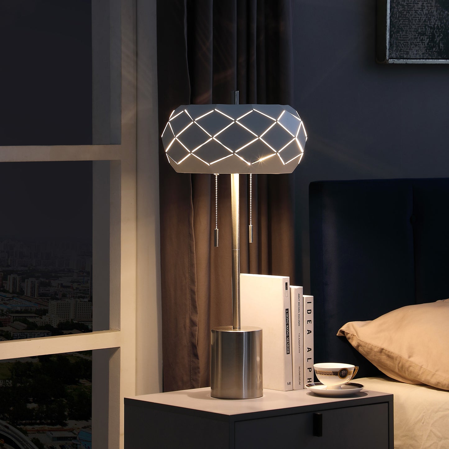 Silver Metal Table Lamp With Geometric Laser Cut Metal Shade By Homeroots | Table Lamps | Modishstore - 1