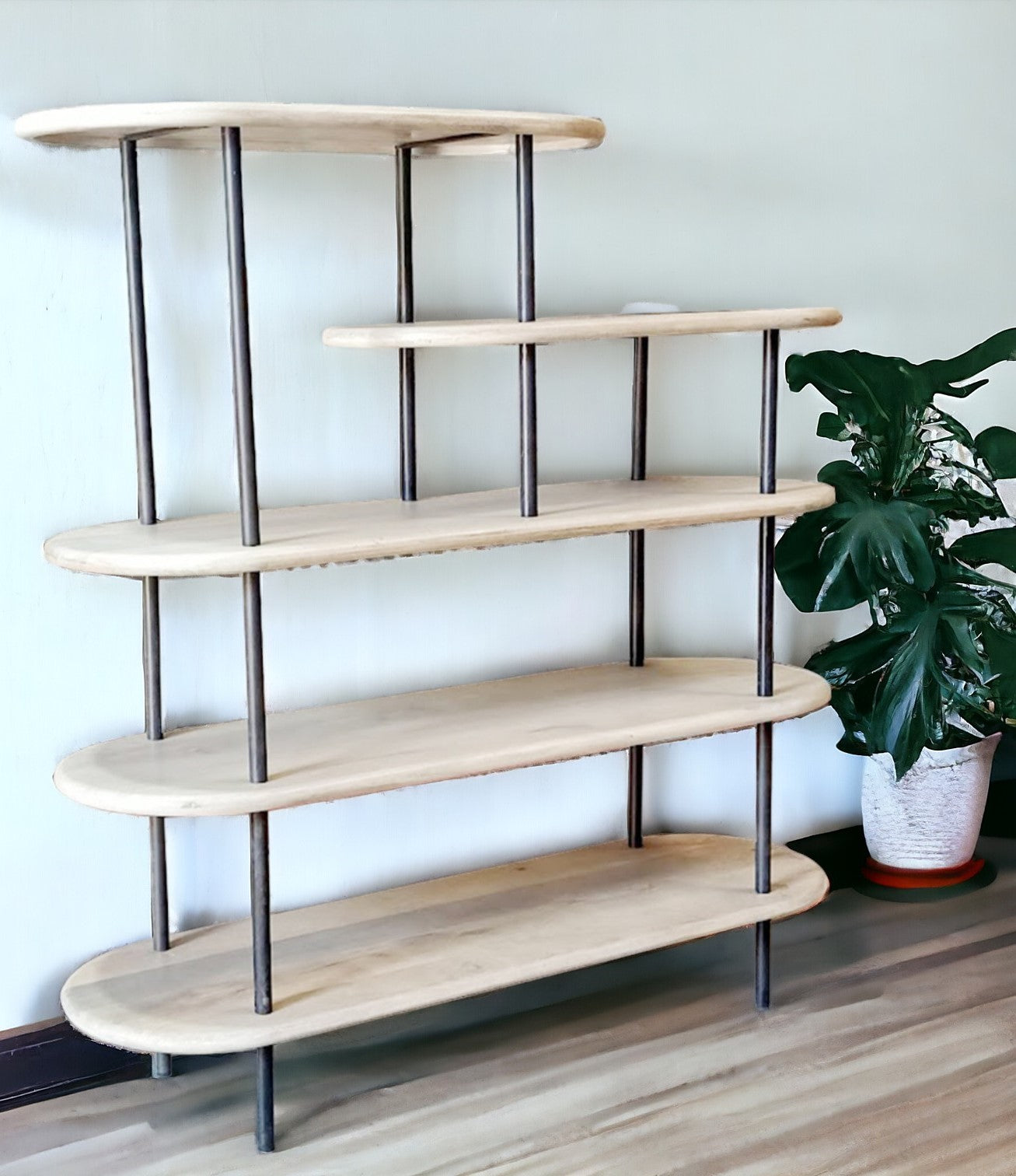 White and Gray Iron and Solid Wood Five Tier Bookcase By Homeroots | Bookcases | Modishstore - 1