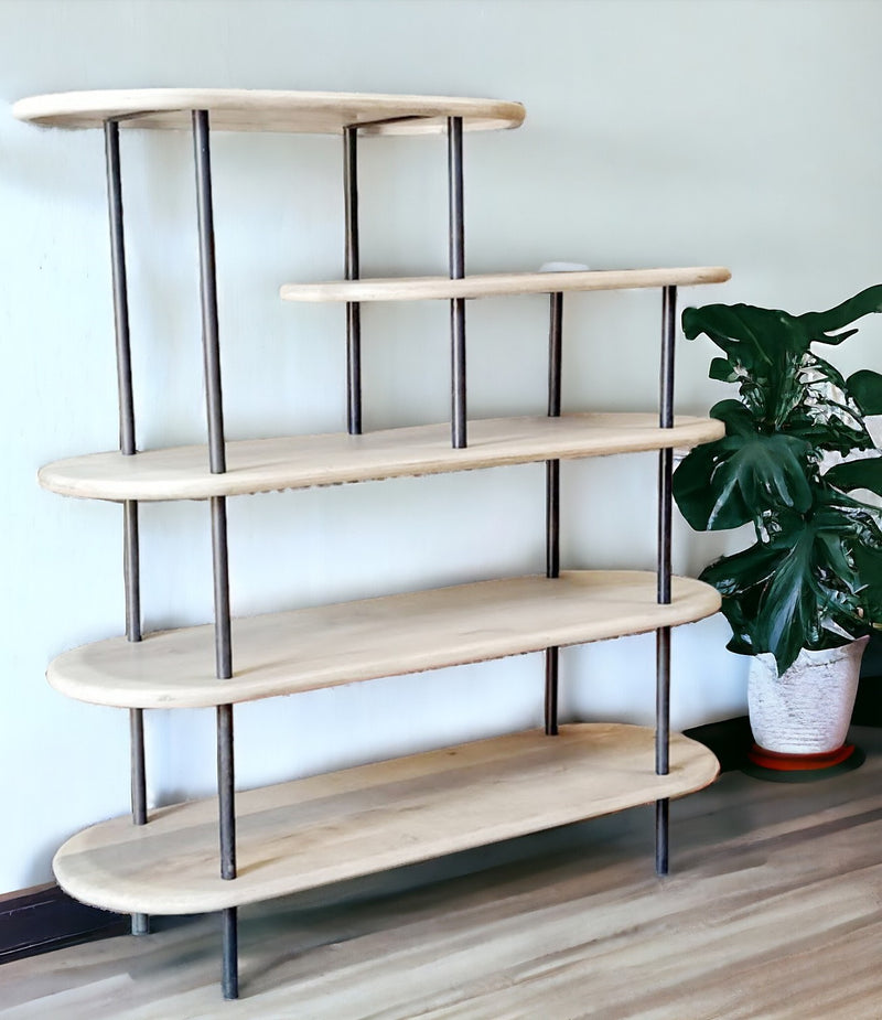 White and Gray Iron and Solid Wood Five Tier Bookcase By Homeroots | Bookcases | Modishstore - 1