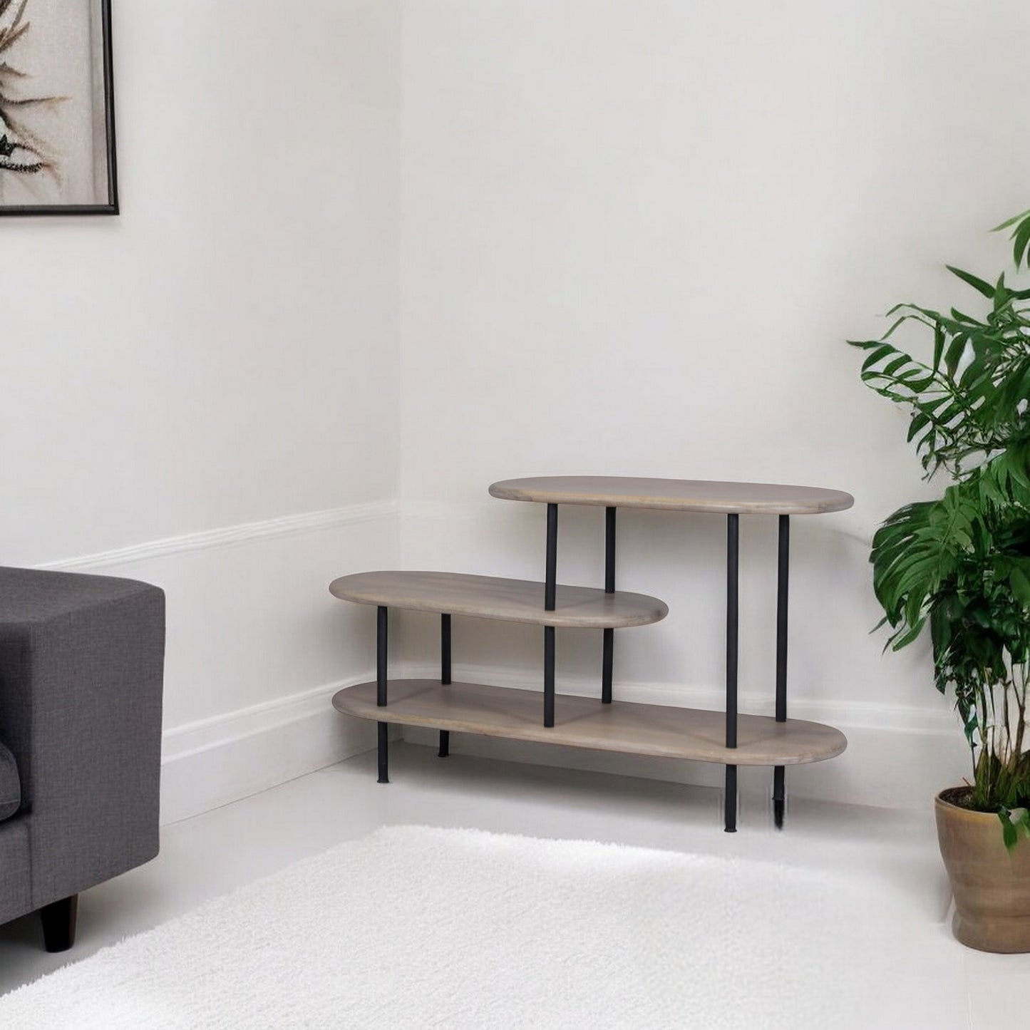 25 White And Gray Iron and Solid Wood Three Tier Bookcase By Homeroots | Bookcases | Modishstore - 1